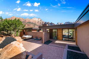 View of patio / terrace featuring a mountain view