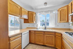 Kitchen with light countertops, a sink, a wealth of natural light, and white appliances