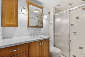 Bathroom with a shower stall, toilet, and vanity
