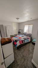 Carpeted basement bedroom featuring a textured ceiling