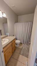 Upstairs 3/4 bathroom with tile patterned flooring, toilet, vanity, and visible vents