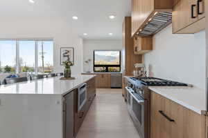 Kitchen featuring recessed lighting, modern cabinets, light wood-style flooring, premium range hood, and appliances with stainless steel finishes