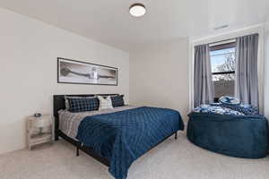 Carpeted bedroom featuring visible vents