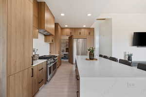 Kitchen with modern cabinets, light wood-style floors, a kitchen bar, a large island, and high end appliances