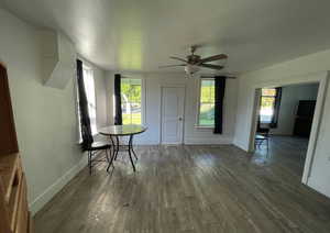 Dining space featuring wood finished floors, ceiling fan, plenty of natural light, and baseboards