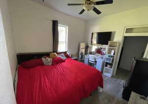 Bedroom with wood finished floors and ceiling fan