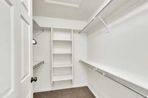 Walk in closet featuring dark colored carpet