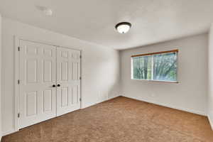 Unfurnished bedroom featuring carpet, baseboards, and a closet
