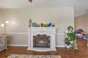 Living room featuring wood finished floors, a lit fireplace, and baseboards