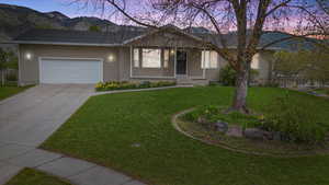 Single story home featuring concrete driveway, a front yard, and an attached garage
