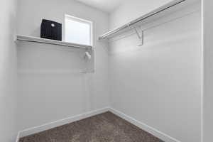 Spacious closet with dark carpet