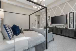 A grand and welcoming primary en suite, cleverly hidden behind stylish shelving that discreetly reveals the entrance.