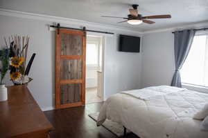 Bedroom with crown molding, multiple windows, and a barn door
