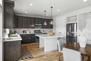 Kitchen featuring dark brown cabinetry, recessed lighting, stainless steel appliances, a sink, and light wood-type flooring