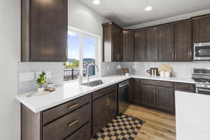 Kitchen with a sink, stainless steel appliances, light wood-type flooring, light countertops, and dark brown cabinets