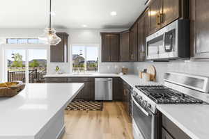Kitchen featuring a sink, appliances with stainless steel finishes, light wood-style floors, light countertops, and dark brown cabinetry