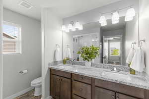 Full bathroom with toilet, a sink, tiled shower, and visible vents