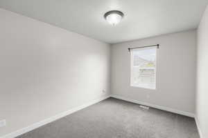 Carpeted spare room with a textured ceiling, visible vents, and baseboards