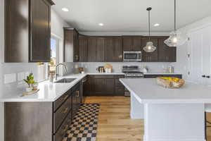 Kitchen featuring a center island, stainless steel appliances, dark brown cabinets, and a sink