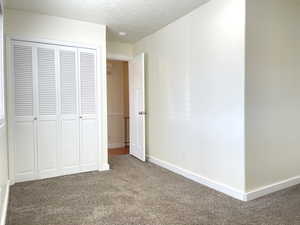 Unfurnished bedroom featuring baseboards, carpet, and a closet