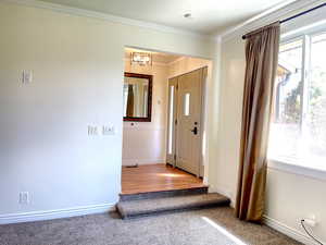 Foyer entrance with carpet, baseboards, ornamental molding, and an inviting chandelier