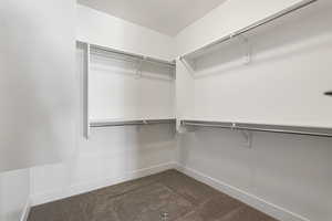 Walk in closet with dark carpet