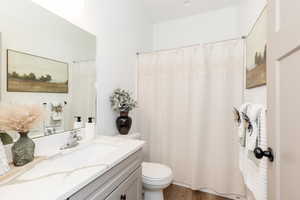 Full bathroom featuring curtained shower, wood finished floors, toilet, and vanity