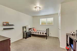 Bedroom with baseboards and light colored carpet