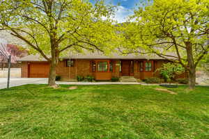 Ranch-style home with brick siding, a shingled roof, a garage, driveway, and a front lawn