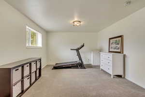 Workout area featuring carpet floors and baseboards