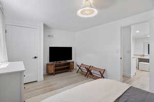 Bedroom featuring baseboards, visible vents, light wood-style flooring, and recessed lighting