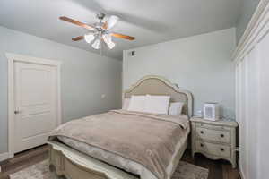 Primary Bedroom with dark wood-type flooring, visible vents, and a ceiling fan