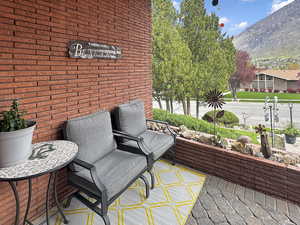 View of patio / terrace featuring a mountain view