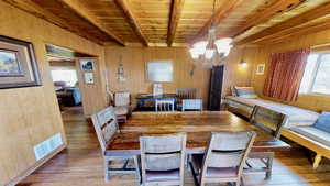 Dining space featuring wood ceiling, hardwood / wood-style flooring, visible vents, a chandelier, and beam ceiling