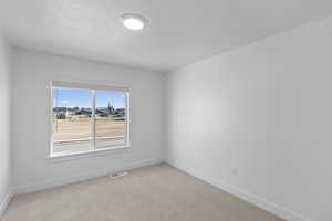Bedroom with baseboards, visible vents, and carpet flooring