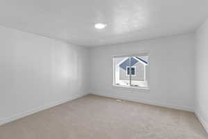 Primary bedroom featuring light colored carpet, large window, and baseboards (View is different)