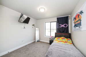 Bedroom with baseboards and carpet floors