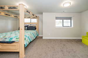 Bedroom with visible vents, carpet, and baseboards