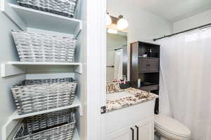 Full bathroom featuring toilet and vanity and storage right outside the bathroom in hall