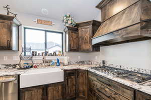 Kitchen featuring custom exhaust hood, dark brown cabinetry, a sink, and appliances with stainless steel finishes