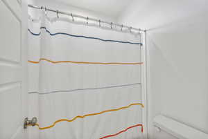 Full bathroom featuring toilet and a shower with shower curtain