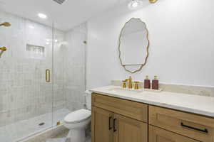 Full bathroom featuring toilet, visible vents, a shower stall, and vanity