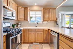 Kitchen with appliances with stainless steel finishes, a sink, light countertops, and recessed lighting