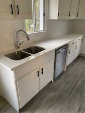Kitchen featuring dark wood-style floors, a sink, decorative backsplash, dishwasher, and white cabinets
