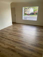 Empty room featuring dark wood-style flooring, baseboards, and arched walkways