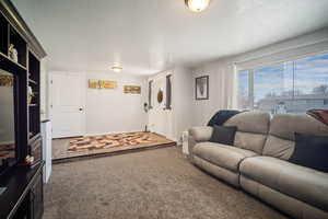 Carpeted living room featuring a textured ceiling and baseboards