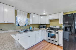 Kitchen featuring white cabinets, light wood-style floors, appliances with stainless steel finishes, and a sink