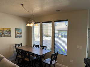Dining space with baseboards, visible vents, a healthy amount of sunlight, and carpet