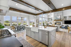 Kitchen featuring a healthy amount of sunlight, stainless steel dishwasher, light wood-style flooring, and a sink