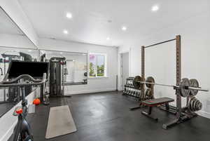 Workout area featuring recessed lighting and baseboards